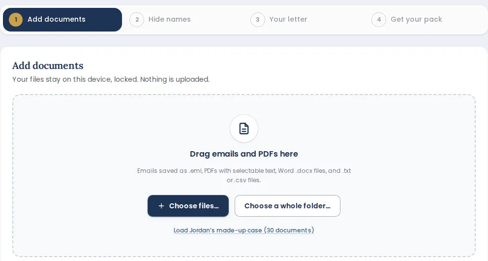 The Add documents screen: drag in emails and PDFs, or choose files or a folder.