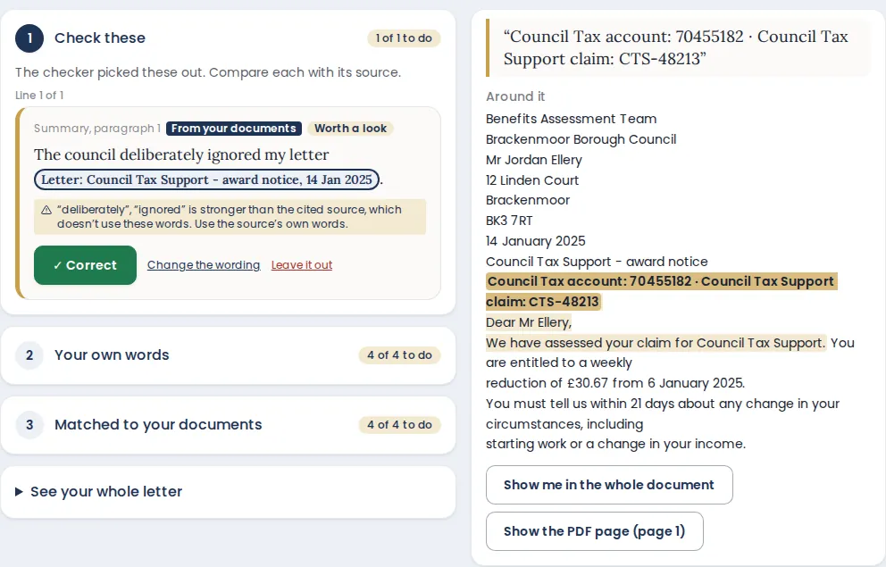 The check screen: a line from your letter beside the exact quote in its source document.