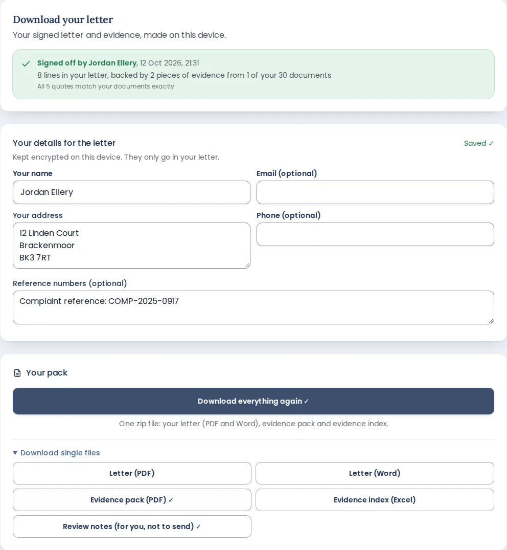 The download screen: your letter, evidence pack and evidence index.