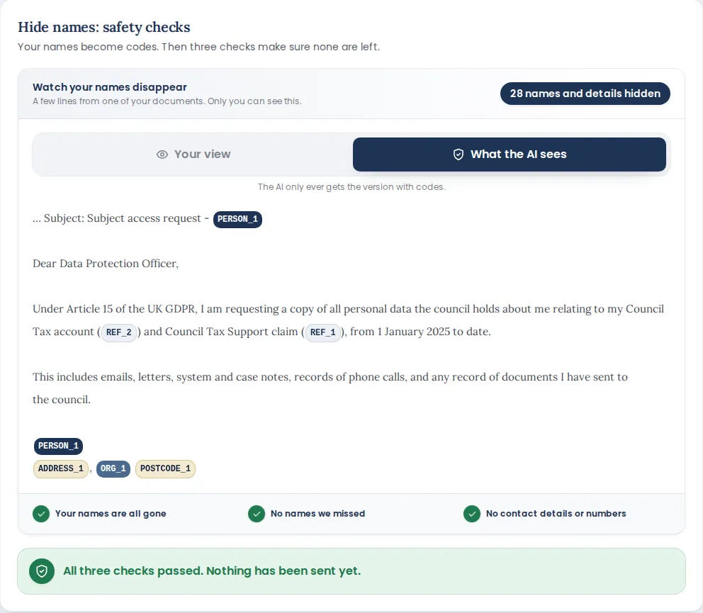 The Hide names screen: names and details swapped for codes, with three safety checks.